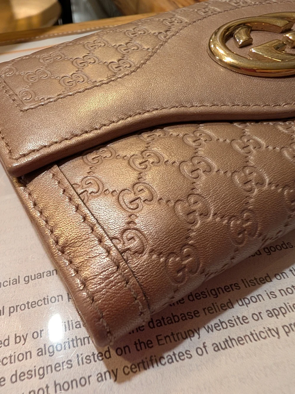 Gucci Metallic Rose Gold GG Continental Wallet & COA, Chain